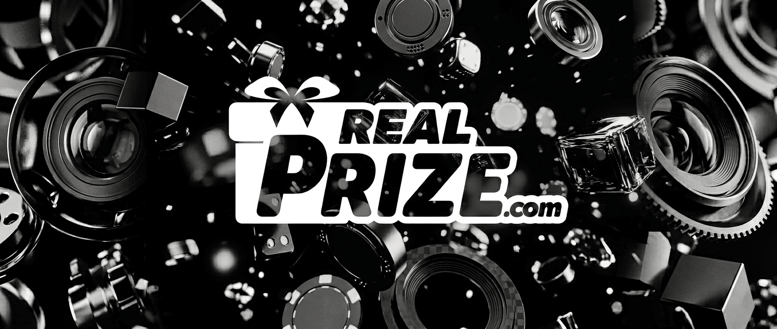 RealPrize Casino official logo showing RealPrize.com in white with a gift bow icon on a dark metallic background with floating casino chips