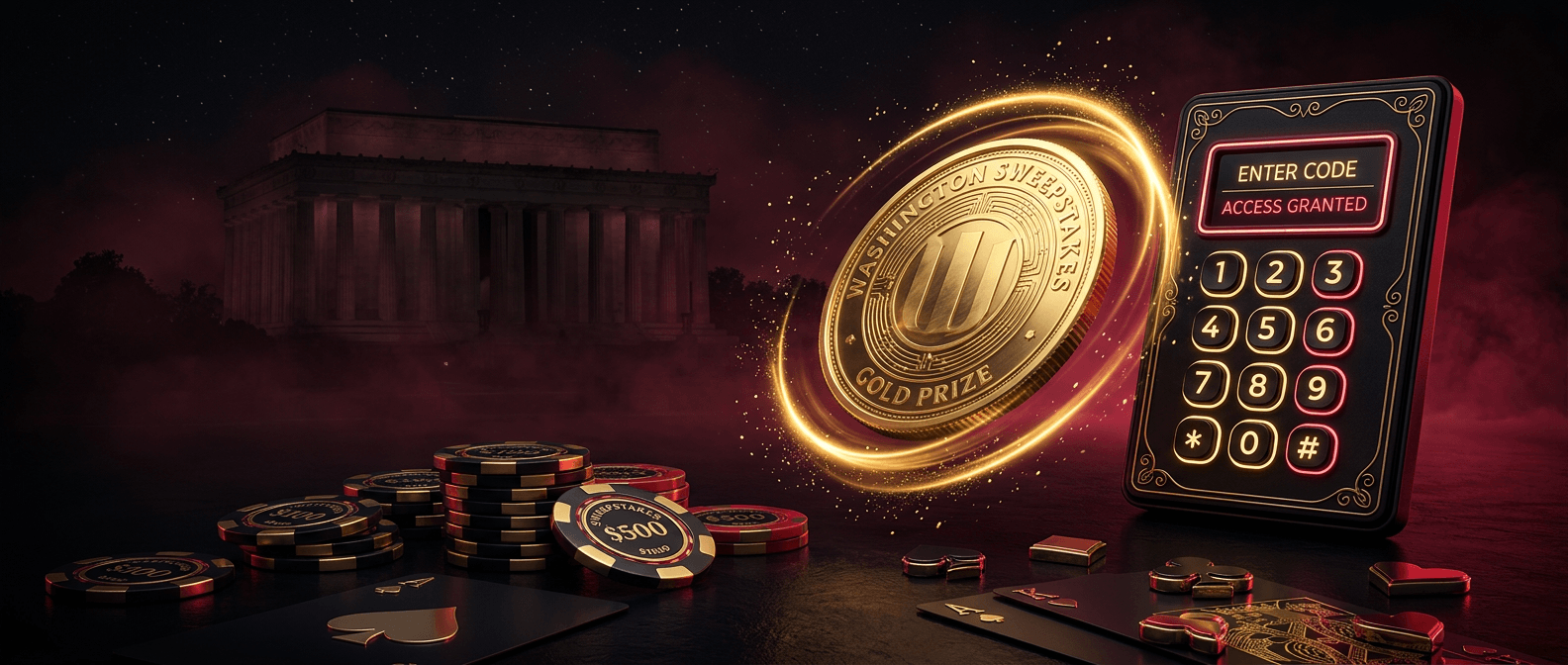 Washington sweepstakes gold prize coin spinning beside a keypad showing enter code and access granted with casino chips and the Lincoln Memorial in the background