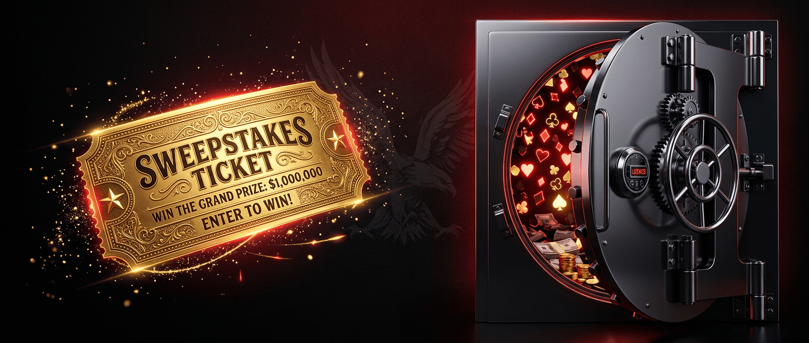 Golden sweepstakes ticket showing a grand prize beside an open vault filled with card suit symbols and cash prizes