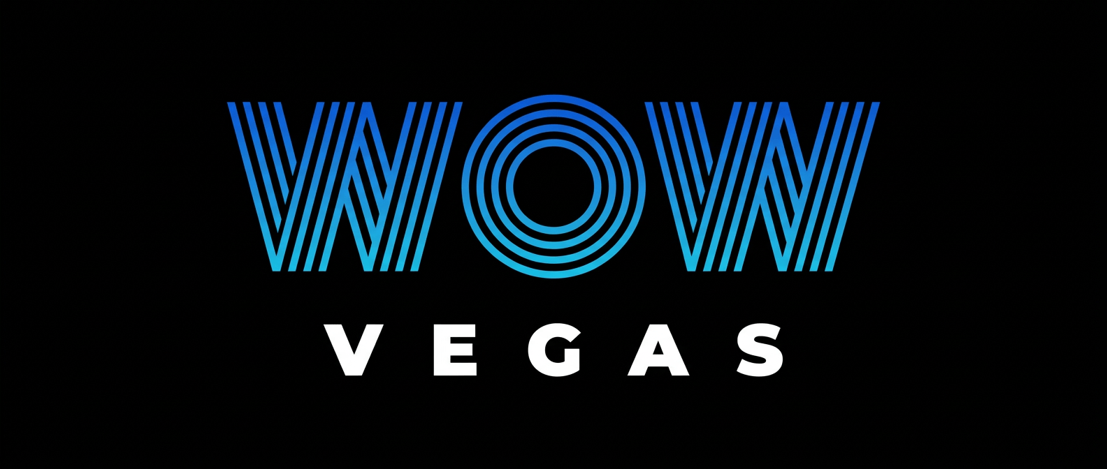 WOW Vegas Casino official logo showing blue neon gradient WOW text with Vegas below on a black background